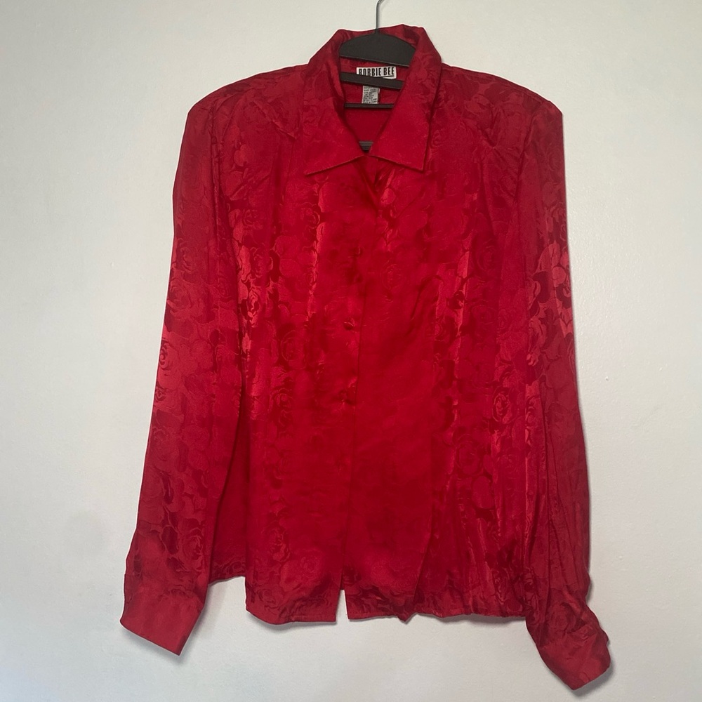Vintage Robbie Bee 100% Silk Red Floral Jacquard Blouse Women’s Size M